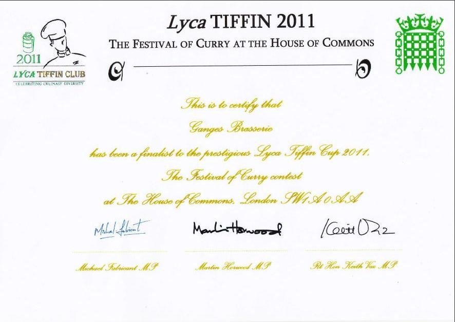 Lyca Tiffin Cup 2011 House of Commons Finalist Certificate